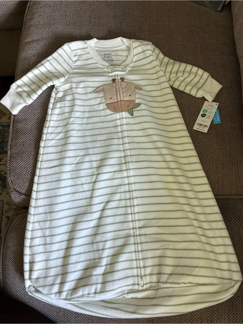 White and Light Green Striped Sleep Sack with Giraffe Applique